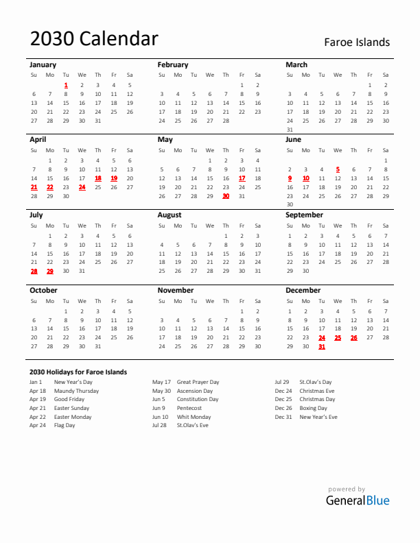 Standard Holiday Calendar for 2030 with Faroe Islands Holidays 