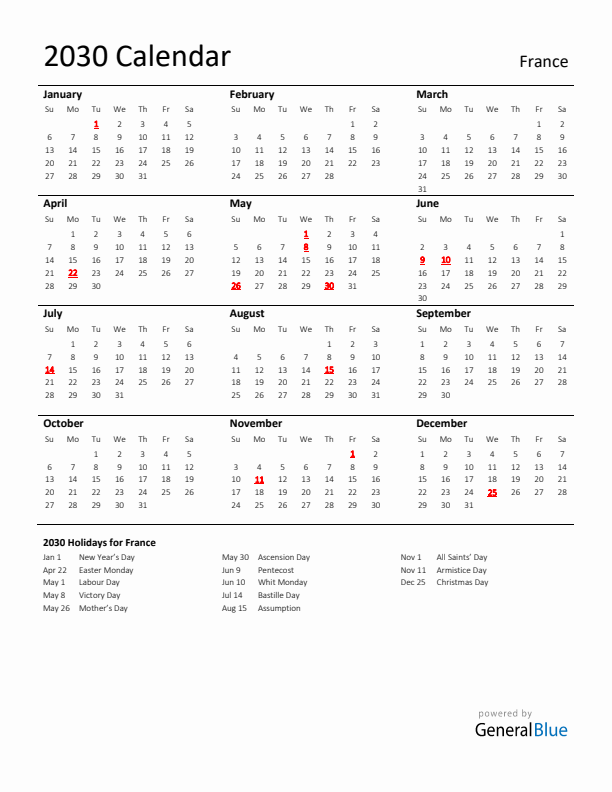 Standard Holiday Calendar for 2030 with France Holidays 