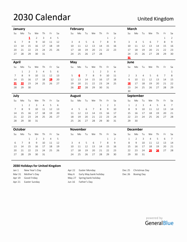 Standard Holiday Calendar for 2030 with United Kingdom Holidays 