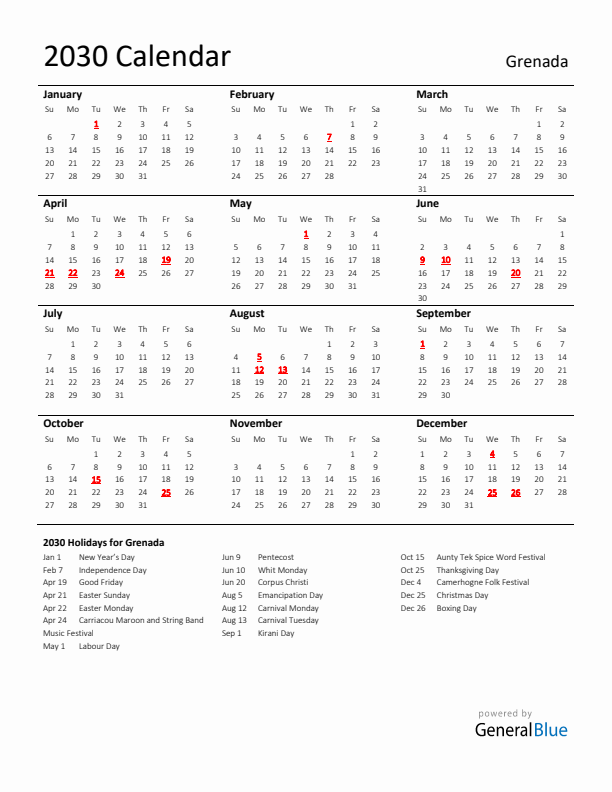 Standard Holiday Calendar for 2030 with Grenada Holidays 