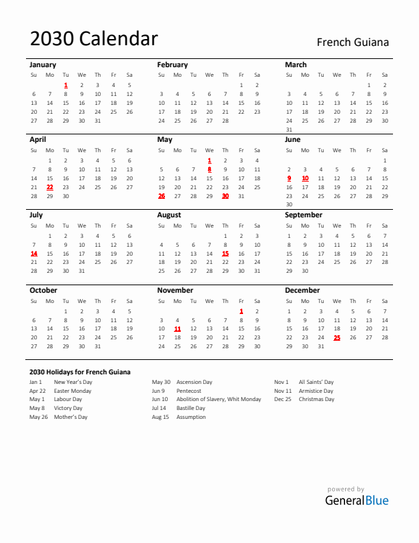 Standard Holiday Calendar for 2030 with French Guiana Holidays 