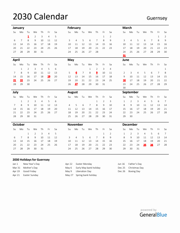 Standard Holiday Calendar for 2030 with Guernsey Holidays 