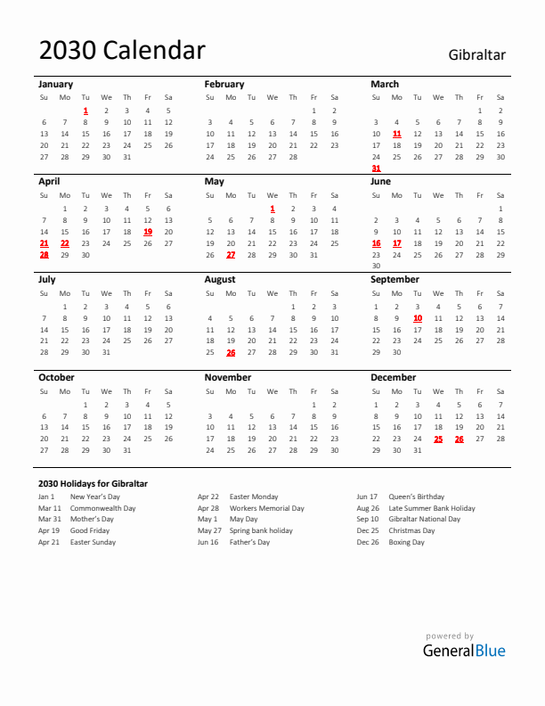 Standard Holiday Calendar for 2030 with Gibraltar Holidays 