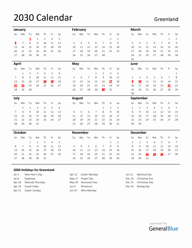 Standard Holiday Calendar for 2030 with Greenland Holidays 