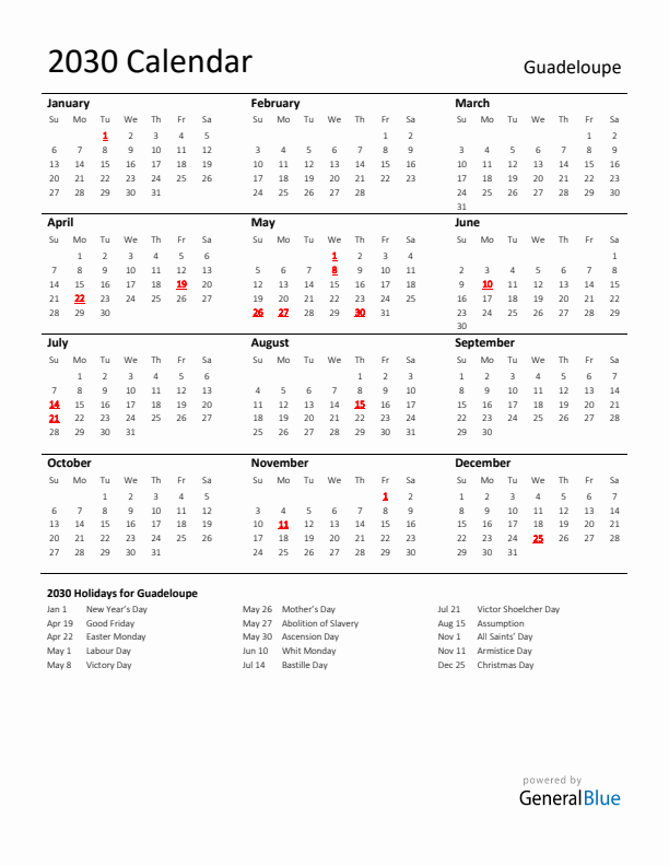 Standard Holiday Calendar for 2030 with Guadeloupe Holidays 
