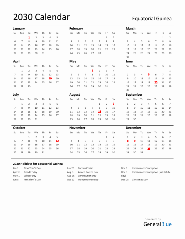 Standard Holiday Calendar for 2030 with Equatorial Guinea Holidays 