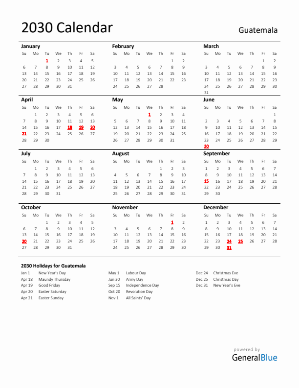 Standard Holiday Calendar for 2030 with Guatemala Holidays 