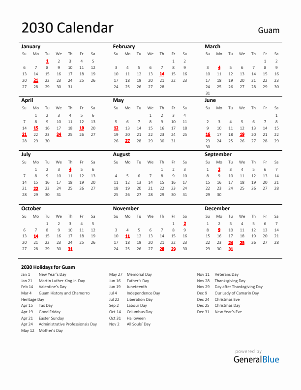 Standard Holiday Calendar for 2030 with Guam Holidays 