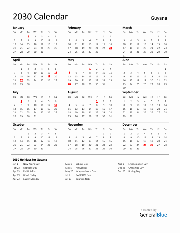 Standard Holiday Calendar for 2030 with Guyana Holidays 