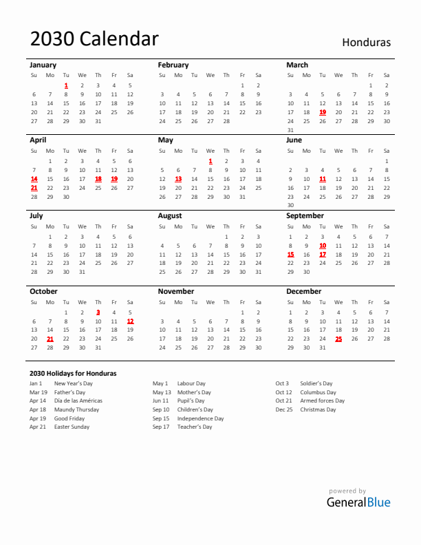 Standard Holiday Calendar for 2030 with Honduras Holidays 