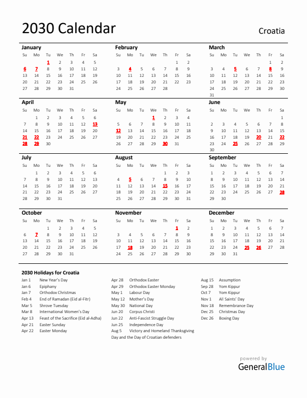 Standard Holiday Calendar for 2030 with Croatia Holidays 