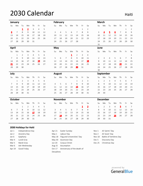 Standard Holiday Calendar for 2030 with Haiti Holidays 