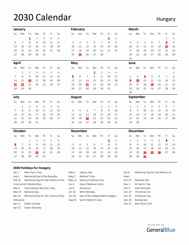 Standard Holiday Calendar for 2030 with Hungary Holidays 