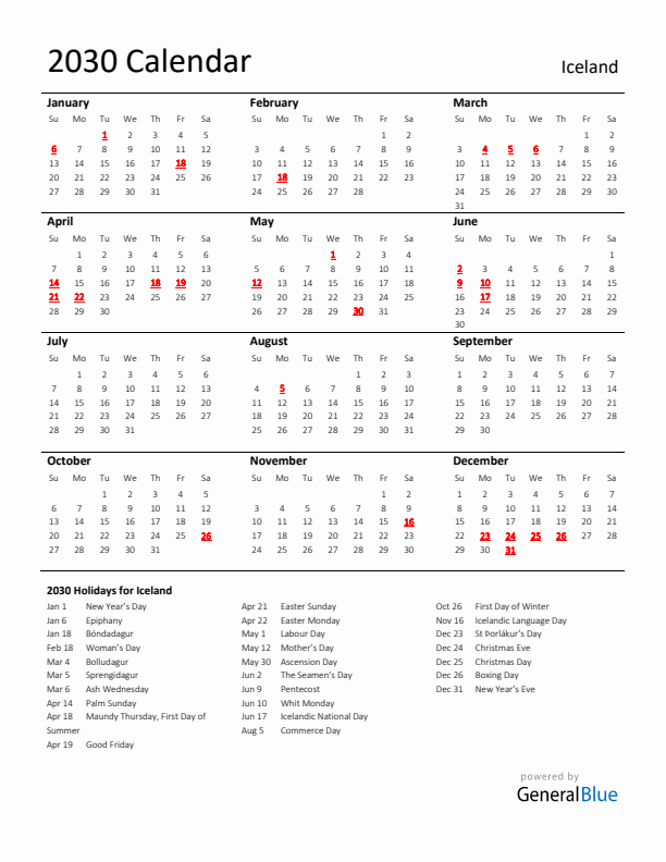 Standard Holiday Calendar for 2030 with Iceland Holidays 
