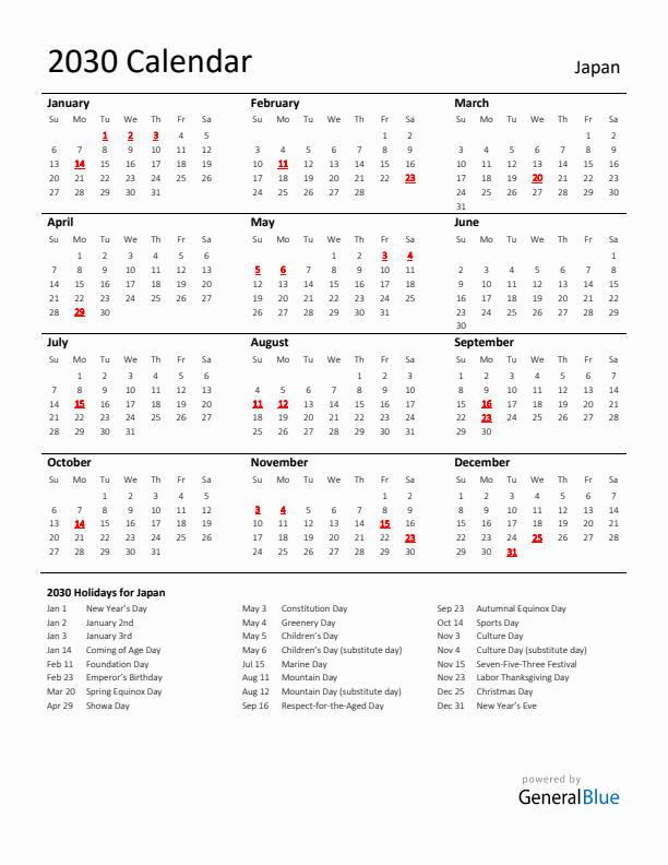 Standard Holiday Calendar for 2030 with Japan Holidays 