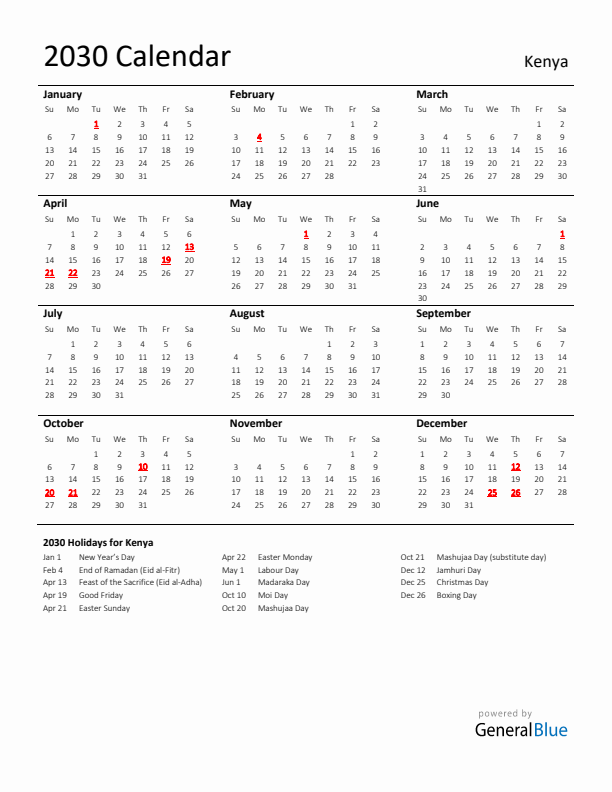 Standard Holiday Calendar for 2030 with Kenya Holidays 