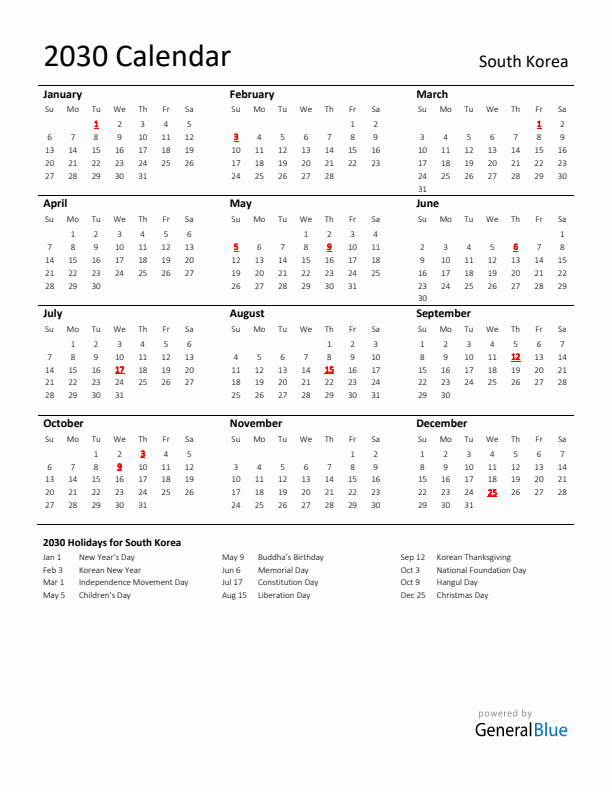 Standard Holiday Calendar for 2030 with South Korea Holidays 