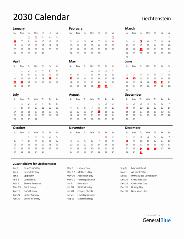 Standard Holiday Calendar for 2030 with Liechtenstein Holidays 