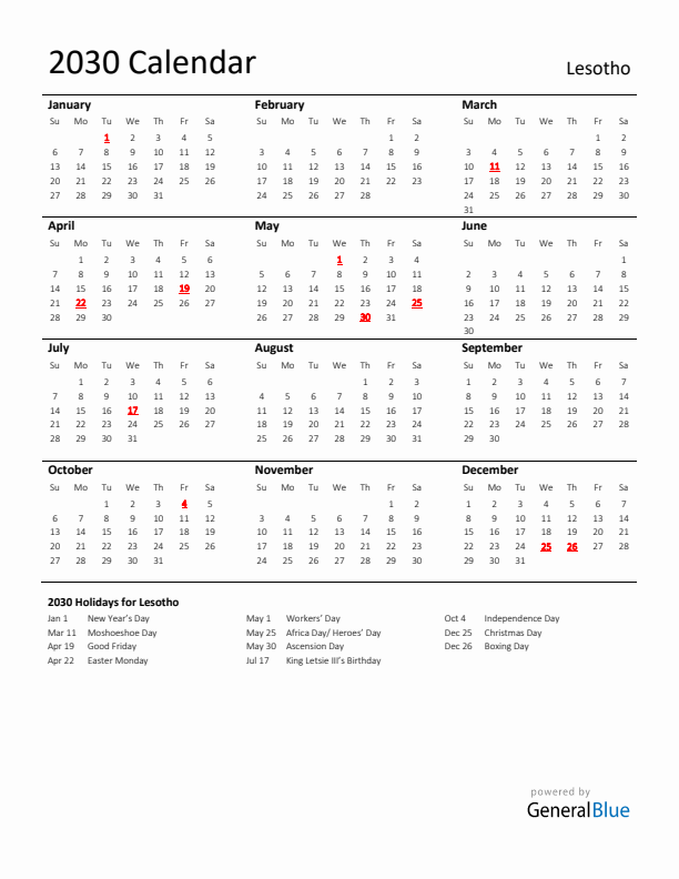 Standard Holiday Calendar for 2030 with Lesotho Holidays 