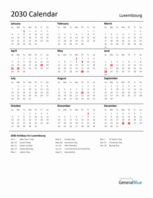 Standard Holiday Calendar for 2030 with Luxembourg Holidays 