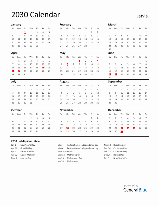 Standard Holiday Calendar for 2030 with Latvia Holidays 