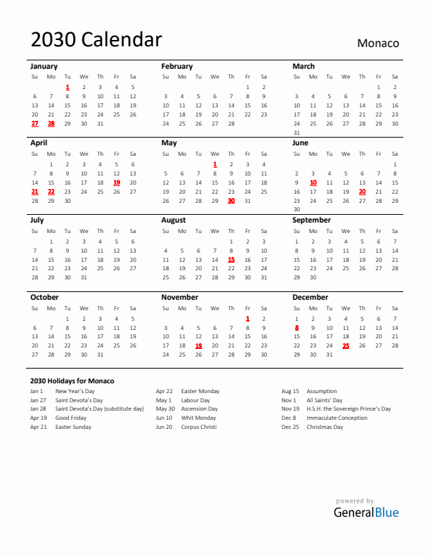 Standard Holiday Calendar for 2030 with Monaco Holidays 