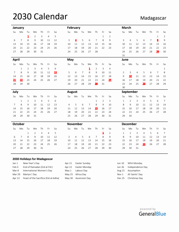 Standard Holiday Calendar for 2030 with Madagascar Holidays 
