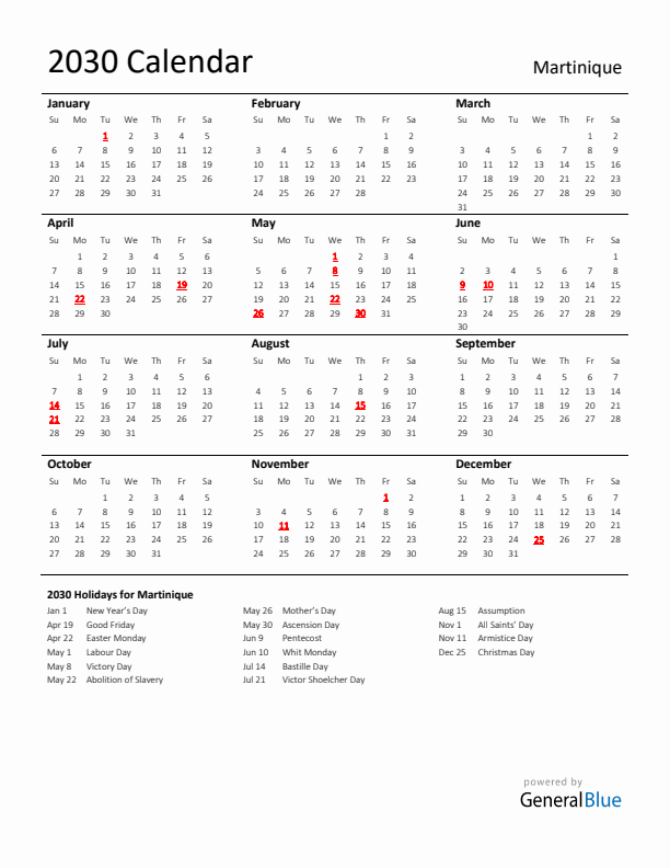 Standard Holiday Calendar for 2030 with Martinique Holidays 