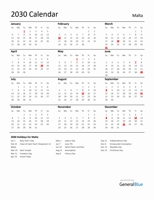 Standard Holiday Calendar for 2030 with Malta Holidays 