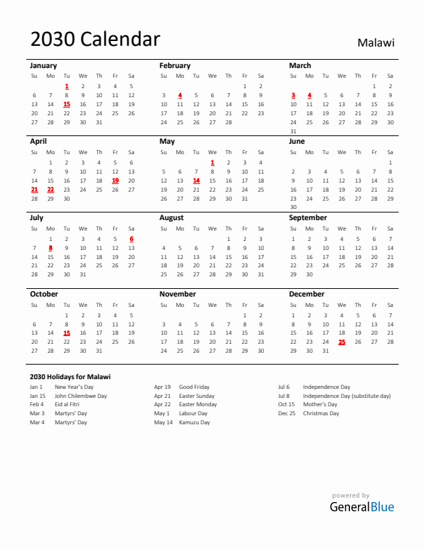 Standard Holiday Calendar for 2030 with Malawi Holidays 