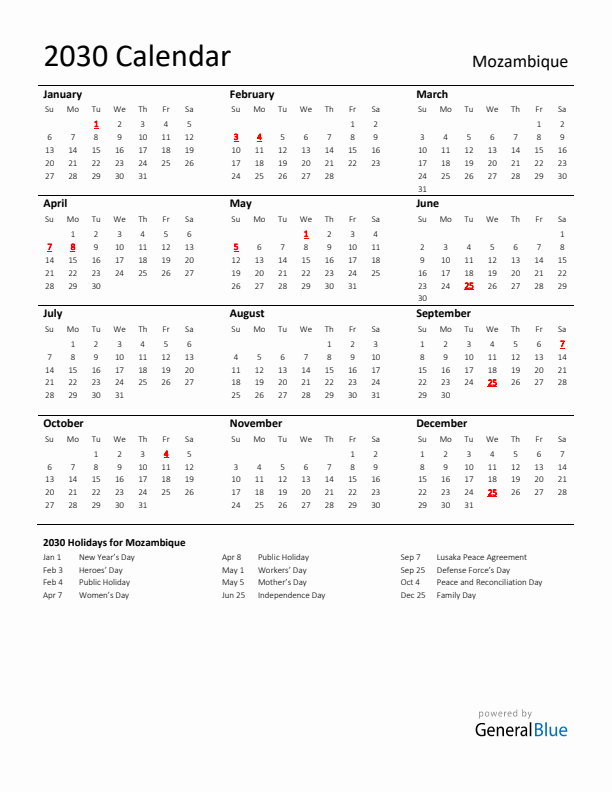 Standard Holiday Calendar for 2030 with Mozambique Holidays 