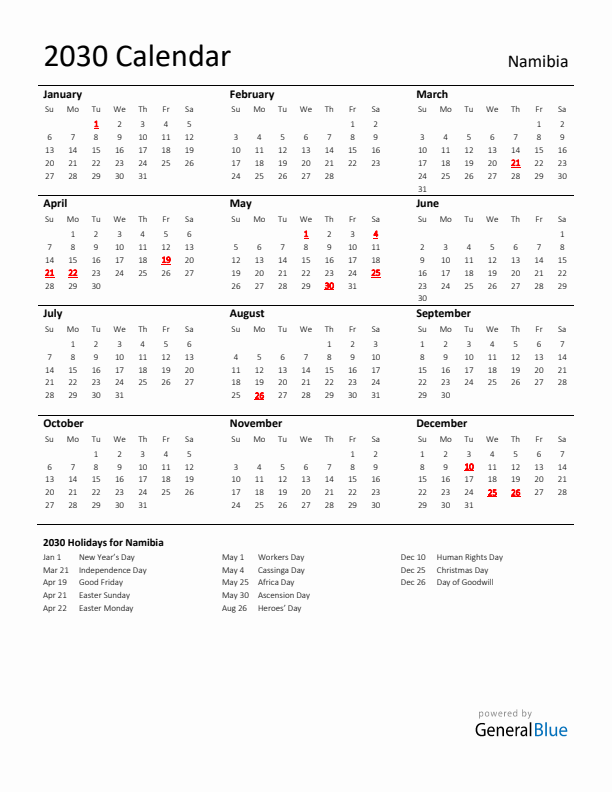 Standard Holiday Calendar for 2030 with Namibia Holidays 