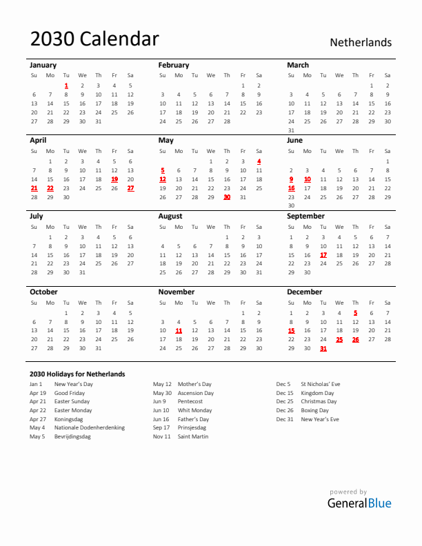 Standard Holiday Calendar for 2030 with The Netherlands Holidays 