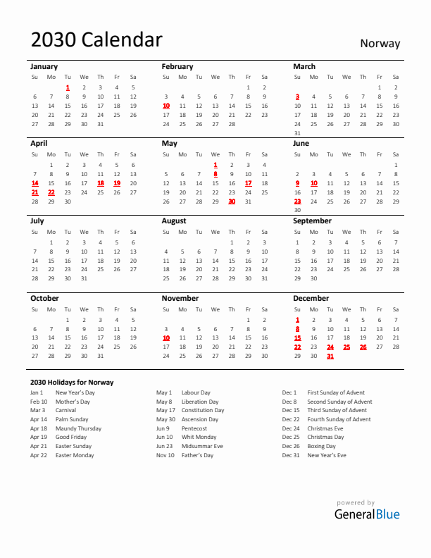 Standard Holiday Calendar for 2030 with Norway Holidays 
