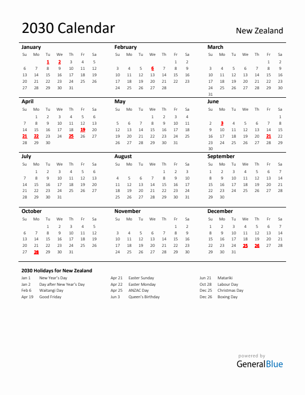 Standard Holiday Calendar for 2030 with New Zealand Holidays 