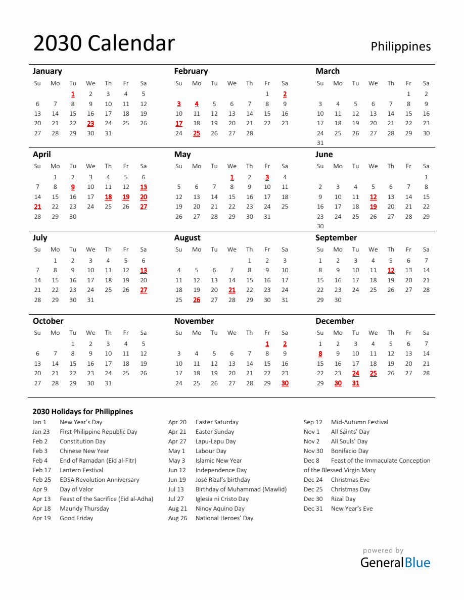 Standard Holiday Calendar for 2030 with Philippines Holidays