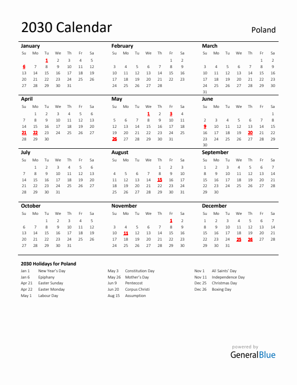 Standard Holiday Calendar for 2030 with Poland Holidays 