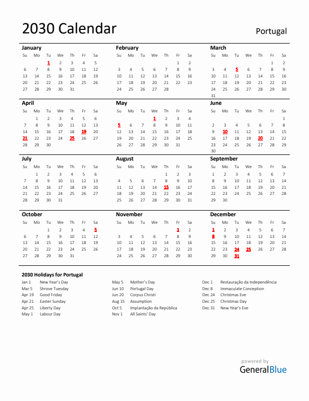 2030 Portugal Calendar with Holidays