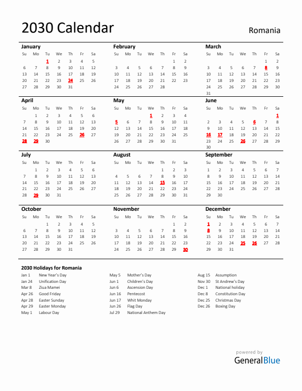 Standard Holiday Calendar for 2030 with Romania Holidays 