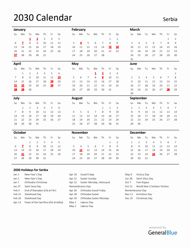 Standard Holiday Calendar for 2030 with Serbia Holidays 
