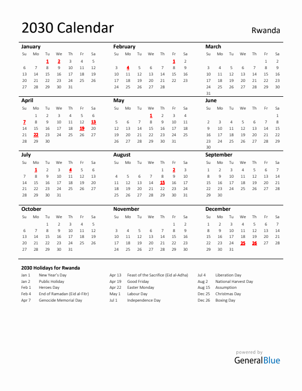 Standard Holiday Calendar for 2030 with Rwanda Holidays 