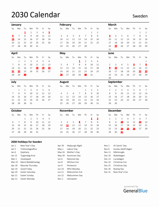 Standard Holiday Calendar for 2030 with Sweden Holidays 