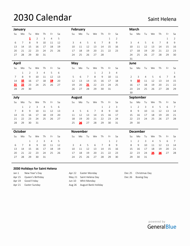 Standard Holiday Calendar for 2030 with Saint Helena Holidays 