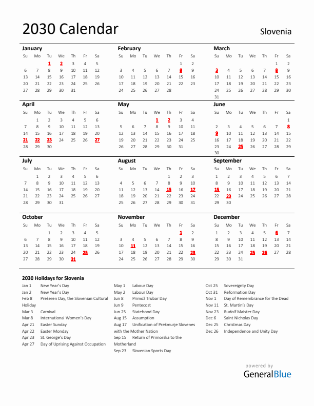 Standard Holiday Calendar for 2030 with Slovenia Holidays 