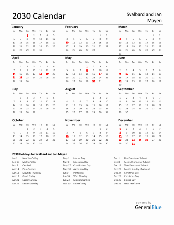 Standard Holiday Calendar for 2030 with Svalbard and Jan Mayen Holidays 