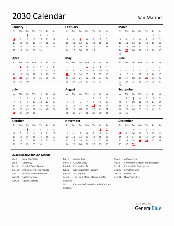 Standard Holiday Calendar for 2030 with San Marino Holidays 