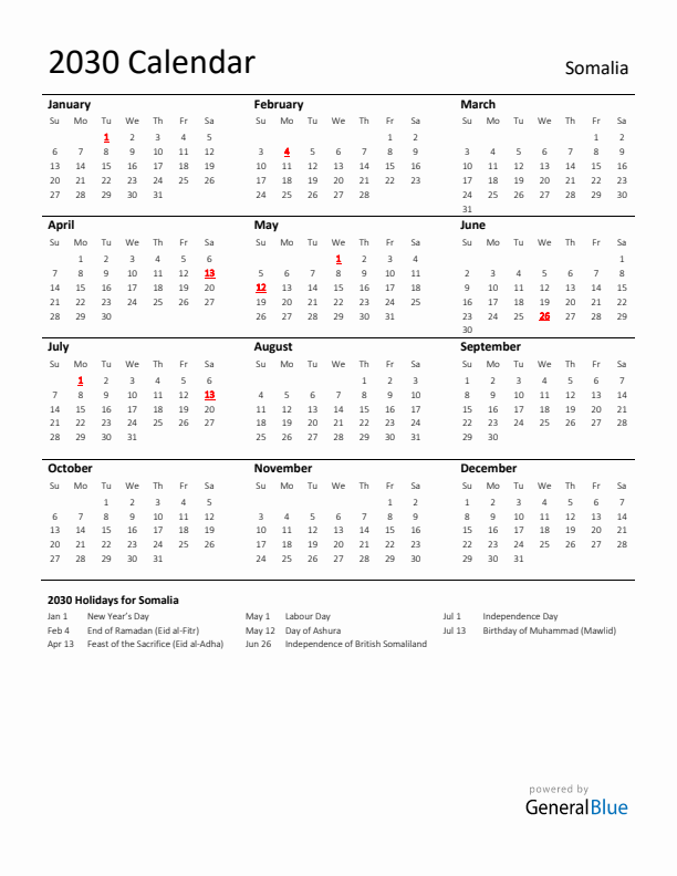 Standard Holiday Calendar for 2030 with Somalia Holidays 