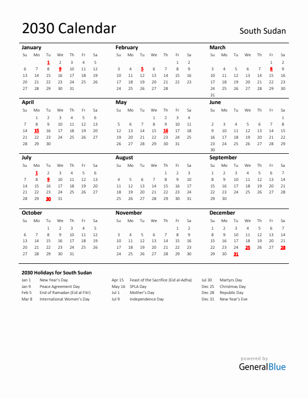 Standard Holiday Calendar for 2030 with South Sudan Holidays 