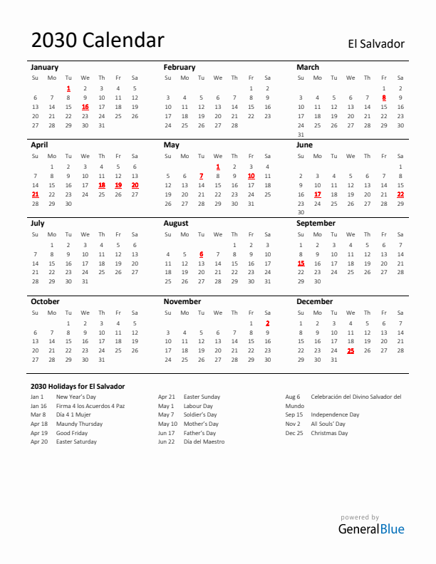 Standard Holiday Calendar for 2030 with El Salvador Holidays 