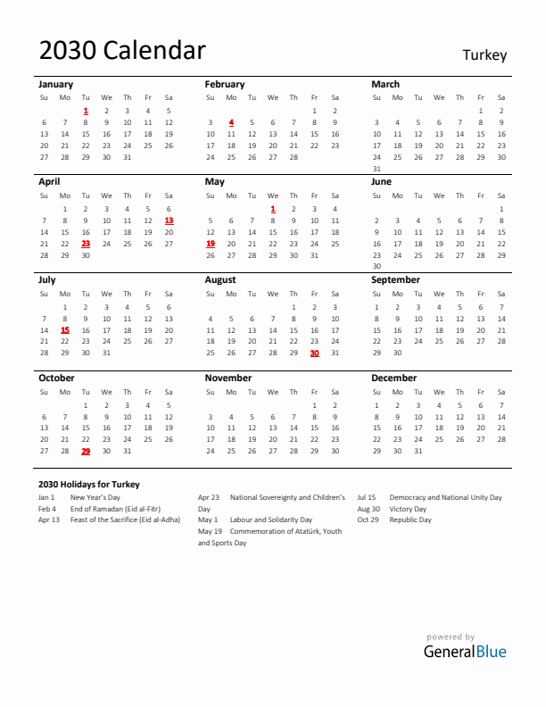 Standard Holiday Calendar for 2030 with Turkey Holidays 